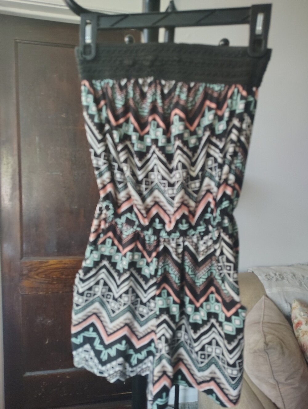 Strapless Aztec Print Romper in Mint, Coral & Black with Pockets.